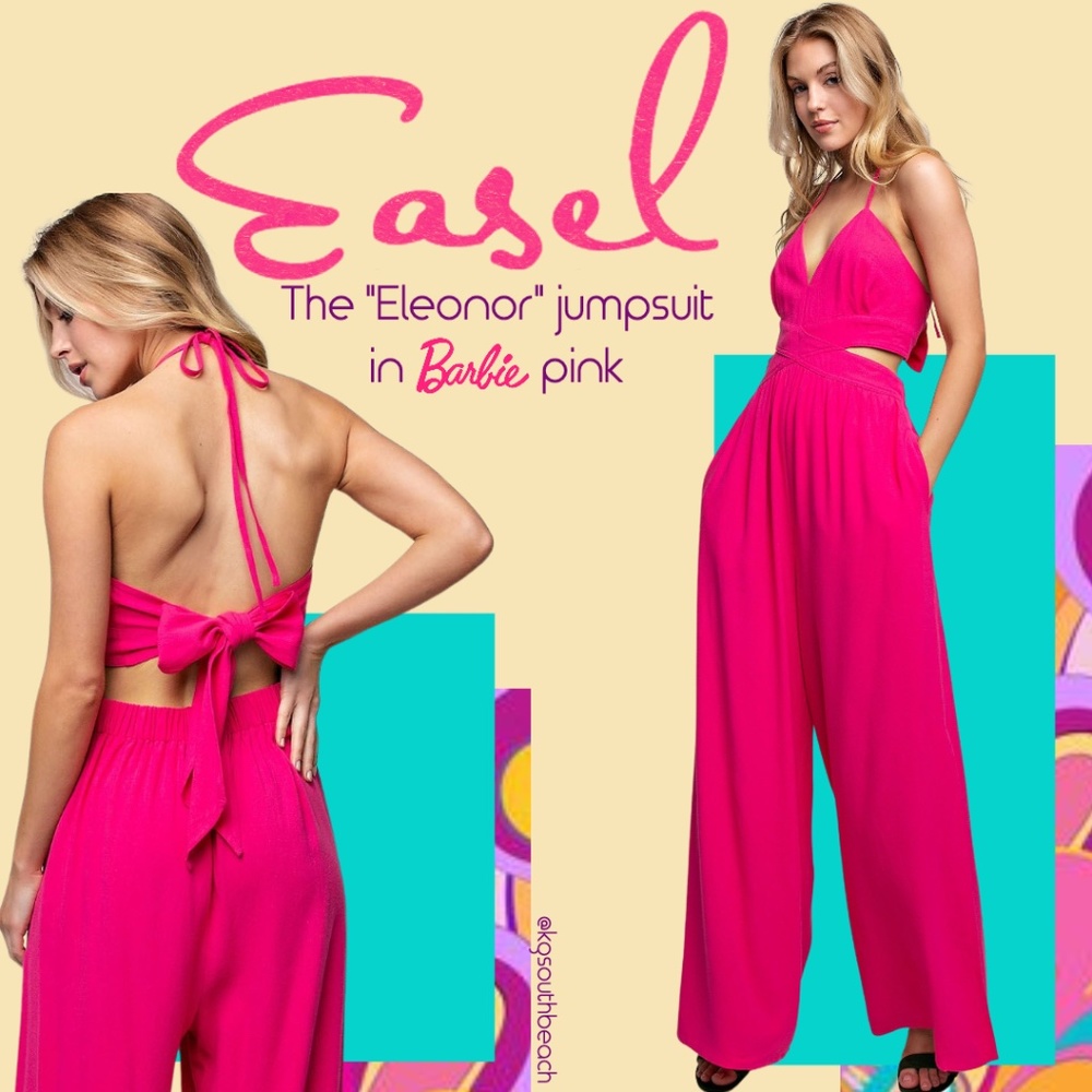 EASEL "Eleonor" Halter Jumpsuit Open Back W/ Ties Side Slit Wide Leg Barbie Pink
